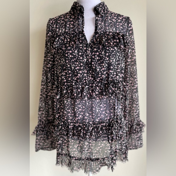 All Saints Tops - ALL SAINTS DEIRDE PEPPER SHIRT, TIE DETAILS, TIERED, FLOWY, BLACK/PINK SZ XS